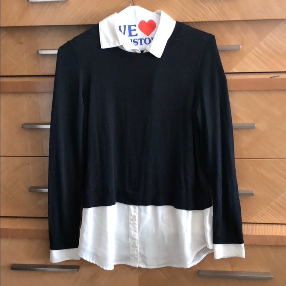 Petite black sweater with white blouse
